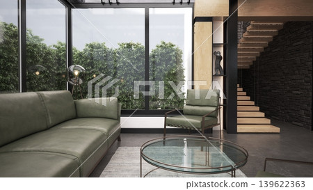 3D render of a modern living room interior. Green leather sofa and wooden staircase architecture 139622363