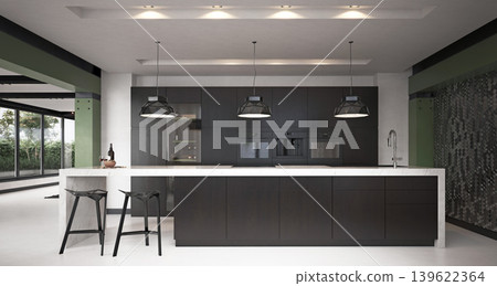 3D render of a modern luxury kitchen interior. Dark cabinets and white marble island architecture 3D render of a modern luxury kitchen interior. Dark cabinets and white marble island architecture 139622364