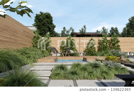 3D render of a modern backyard with wooden deck and pool. Outdoor landscaping architecture 3D render of a modern backyard with wooden deck and pool. Outdoor landscaping architecture 139622365