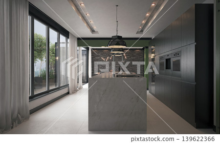 3D render of a luxury modern kitchen interior. Dark cabinets and marble island architecture 3D render of a luxury modern kitchen interior. Dark cabinets and marble island architecture 139622366
