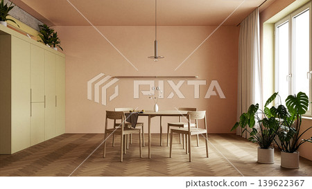 Modern minimalist dining room interior with wooden furniture. 3d render of home architecture Modern minimalist dining room interior with wooden furniture. 3d render of home architecture 139622367