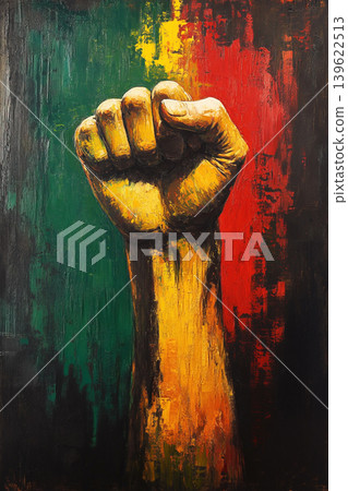Raised fist symbolizing strength and unity on vibrant black yellow green and red background Raised fist symbolizing strength and unity on vibrant black yellow green and red background 139622513