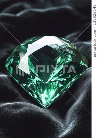 Emerald stone gleaming on black velvet in a dark cinematic setting Emerald stone gleaming on black velvet in a dark cinematic setting 139622549