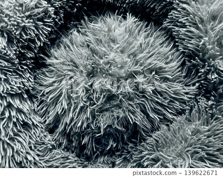 fluffy gray fiber sphere macro closeup in monochrome highlighting dense spiky filaments and soft tactile essence 139622671
