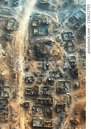 Satellite view of military activities in conflict zone showing damaged structures and debris Satellite view of military activities in conflict zone showing damaged structures and debris 139622705