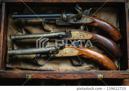 Vintage flintlock pistols displayed in an ornate wooden box from the medieval era Vintage flintlock pistols displayed in an ornate wooden box from the medieval era 139622720