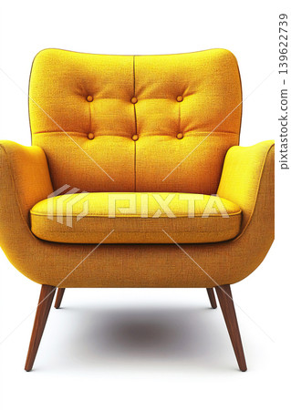 Modern yellow armchair featuring a comfortable design with stylish wooden legs and plush fabric Modern yellow armchair featuring a comfortable design with stylish wooden legs and plush fabric 139622739