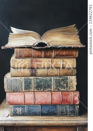 Stack of antique books with an open book on top revealing vintage pages and worn covers Stack of antique books with an open book on top revealing vintage pages and worn covers 139622761