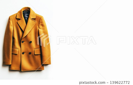 Modern warm classic coat displayed on a clothes mannequin against a white background. Header banner mockup with copy space. Modern warm classic coat displayed on a clothes mannequin against a white background. Header banner mockup with copy space. 139622772
