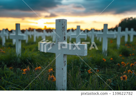 Military cemetery honoring soldiers with white crosses at sunset Military cemetery honoring soldiers with white crosses at sunset 139622782