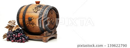 Antique oak wine barrel with intricate design isolated on a white background. Header banner mockup with copy space. Antique oak wine barrel with intricate design isolated on a white background. Header banner mockup with copy space. 139622790