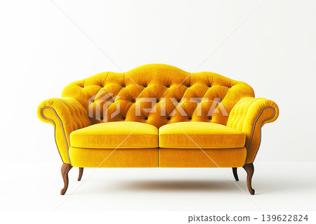 Stylish modern yellow sofa on a white background perfect for contemporary decor Stylish modern yellow sofa on a white background perfect for contemporary decor 139622824