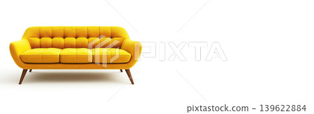 Modern yellow sofa with tufted design showcased on a white background for interior decor inspiration. Header banner mockup with copy space. Modern yellow sofa with tufted design showcased on a white background for interior decor inspiration. Header banner mockup with copy space. 139622884