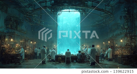 Group of scientists conducting teleportation experiments in a futuristic laboratory setting Group of scientists conducting teleportation experiments in a futuristic laboratory setting 139622915
