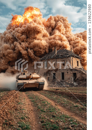 Modern French tank fires in a field causing destruction to house ruins during military conflict 139622980