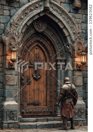 Medieval door with guard at castle gate highlights intricate architecture and historical design Medieval door with guard at castle gate highlights intricate architecture and historical design 139623082