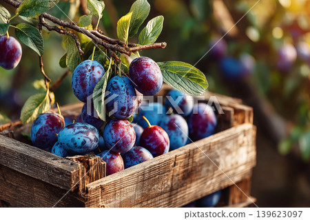 Box of plums resting in a sunlit orchard with vibrant trees in the background 139623097