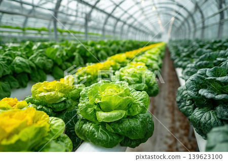 Modern high tech greenhouse filled with fresh vegetables like lettuce and cabbage Modern high tech greenhouse filled with fresh vegetables like lettuce and cabbage 139623100