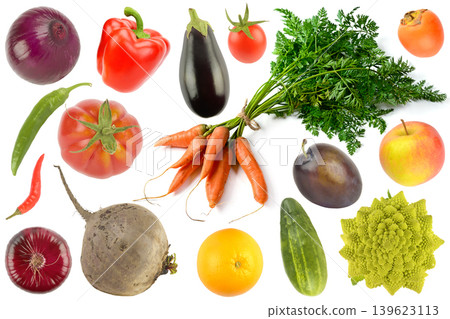 Vibrant colorful assortment of fresh ripe vegetables and fruits isolated on a clean white background with plenty of copy space for your designs 139623113