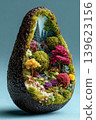 Creative miniature landscape inside an avocado shell showcasing vibrant flora 139623156