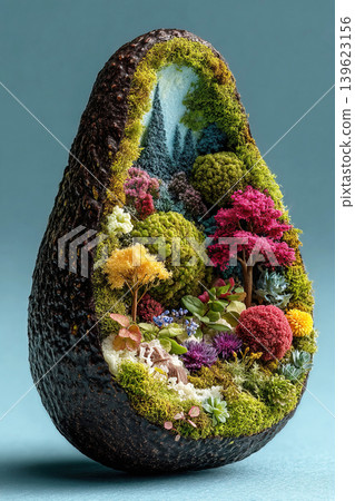 Creative miniature landscape inside an avocado shell showcasing vibrant flora Creative miniature landscape inside an avocado shell showcasing vibrant flora 139623156