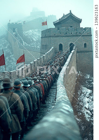 Chinese soldiers march along the Great Wall of China during a historic military display Chinese soldiers march along the Great Wall of China during a historic military display 139623163