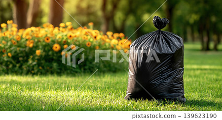 Garbage bag on a green lawn under sunlight surrounded by flowers 139623190