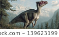 Cryolophosaurus roams a prehistoric landscape with forests and mountains in the background 139623199