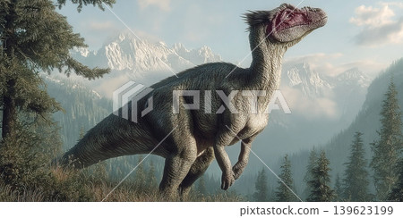 Cryolophosaurus roams a prehistoric landscape with forests and mountains in the background Cryolophosaurus roams a prehistoric landscape with forests and mountains in the background 139623199