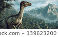 Deltadromeus stands in a lush forest against a backdrop of dramatic mountains and misty skies 139623200