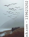 Flock of dragons with riders soaring through misty mountains and forest under a grey sky 139623202