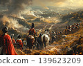 Battle of Waterloo overview with warriors and cavalry in a dramatic historical context 139623209