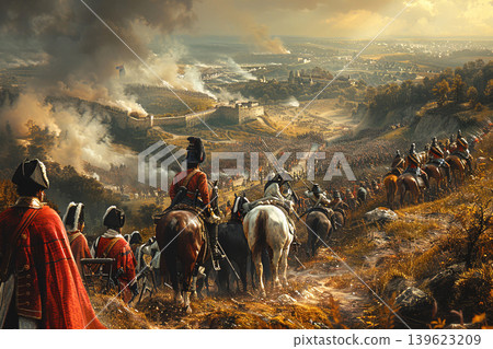 Battle of Waterloo overview with warriors and cavalry in a dramatic historical context 139623209