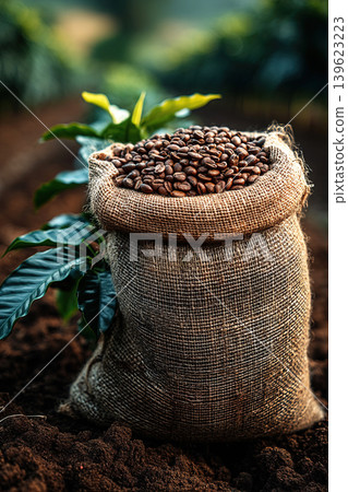 Large bag of fresh coffee beans beside coffee plants on farm field in bright sunlight Large bag of fresh coffee beans beside coffee plants on farm field in bright sunlight 139623223