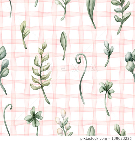 Cute Meadow Herbs Pink Checked Seamless Pattern Wild Plant. Watercolor summer floral illustration hand painted isolated on white background for nursery baby kids forest design fabric prints textile Cute Meadow Herbs Pink Checked Seamless Pattern Wild Plant. Watercolor summer floral illustration hand painted isolated on white background for nursery baby kids forest design fabric prints textile 139623225