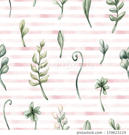 Cute Meadow Herbs Pink Striped Seamless Pattern Wild Plant. Watercolor summer floral illustration hand painted isolated on white background for nursery baby kids forest design fabric prints textile Cute Meadow Herbs Pink Striped Seamless Pattern Wild Plant. Watercolor summer floral illustration hand painted isolated on white background for nursery baby kids forest design fabric prints textile 139623229