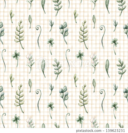 Cute Meadow Herbs Beige Checked Seamless Pattern Wild Plant. Watercolor summer floral illustration hand painted isolated on white background for nursery baby kids forest design fabric prints textile Cute Meadow Herbs Beige Checked Seamless Pattern Wild Plant. Watercolor summer floral illustration hand painted isolated on white background for nursery baby kids forest design fabric prints textile 139623231