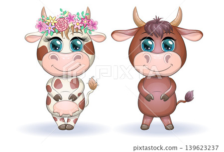 A cute cartoon couple of cow and bull in flowers with beautiful big eyes. Symbol of the year 2021 according to the Chinese calendar. Children's illustration A cute cartoon couple of cow and bull in flowers with beautiful big eyes. Symbol of the year 2021 according to the Chinese calendar. Children's illustration 139623237