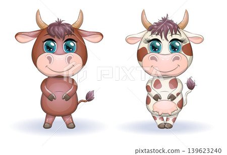 A cute cartoon couple of cow and bull in flowers with beautiful big eyes. Symbol of the year 2021 according to the Chinese calendar. Children's illustration A cute cartoon couple of cow and bull in flowers with beautiful big eyes. Symbol of the year 2021 according to the Chinese calendar. Children's illustration 139623240