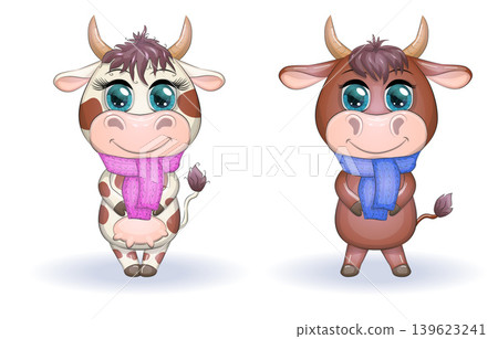 Cute cartoon couple cow and bull with scarves with beautiful big eyes. Symbol of the year 2021 according to the Chinese calendar. Cute cartoon couple cow and bull with scarves with beautiful big eyes. Symbol of the year 2021 according to the Chinese calendar. 139623241