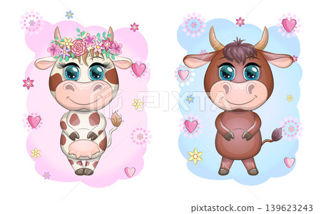 A cute cartoon couple of cow and bull in flowers with beautiful big eyes. Symbol of the year 2021 according to the Chinese calendar. Children's illustration 139623243