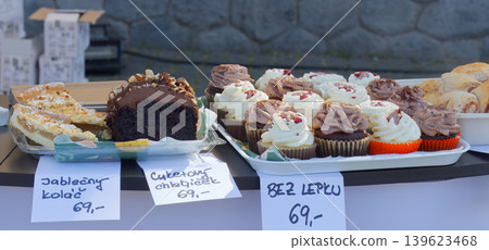 Vegan baked goods and gluten-free cupcakes at outdoor market Vegan baked goods and gluten-free cupcakes at outdoor market 139623468