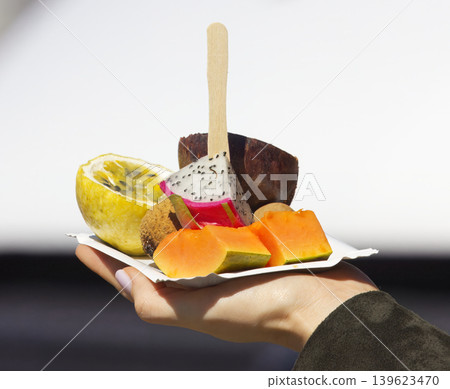 Fresh tropical fruit salad plate at Beroun food festival 139623470