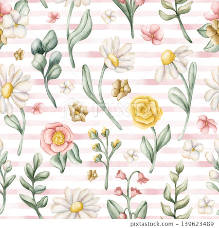 Cute Colourful Meadow Flower Pink Striped Seamless Pattern. Watercolor summer spring bloom floral illustration hand painted isolated on white background for nursery design fresh print fabric textile Cute Colourful Meadow Flower Pink Striped Seamless Pattern. Watercolor summer spring bloom floral illustration hand painted isolated on white background for nursery design fresh print fabric textile 139623489