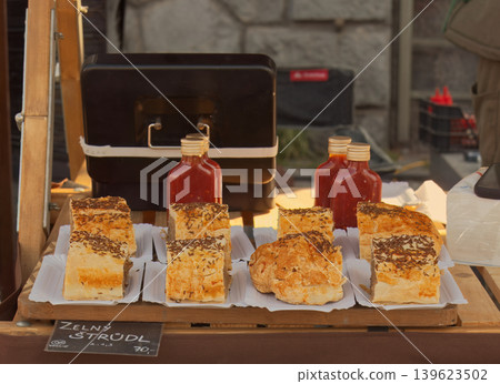 Traditional cabbage strudel at Naplavka farmers market in Prague. Traditional cabbage strudel at Naplavka farmers market in Prague. 139623502