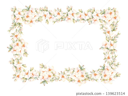 Little White Flower bud leaves Frame Peach Apple Blossom Blooming. Watercolor hand drawn floral illustration isolated on white background home textile fresh fabric cosmetic package porcelain crockery Little White Flower bud leaves Frame Peach Apple Blossom Blooming. Watercolor hand drawn floral illustration isolated on white background home textile fresh fabric cosmetic package porcelain crockery 139623514