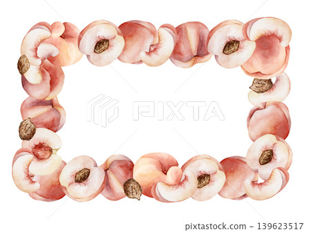Pink Peaches with Seeds Frame Summer Juicy Ripe Fruits. Watercolor hand drawn floral food illustration isolated on white background for home kitchen textile fresh print card cosmetic package crockery Pink Peaches with Seeds Frame Summer Juicy Ripe Fruits. Watercolor hand drawn floral food illustration isolated on white background for home kitchen textile fresh print card cosmetic package crockery 139623517