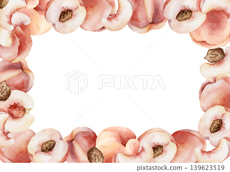 Pink Peaches with Seeds Frame Summer Juicy Ripe Fruits. Watercolor hand drawn floral food illustration isolated on white background for home kitchen textile fresh print card cosmetic package crockery Pink Peaches with Seeds Frame Summer Juicy Ripe Fruits. Watercolor hand drawn floral food illustration isolated on white background for home kitchen textile fresh print card cosmetic package crockery 139623519