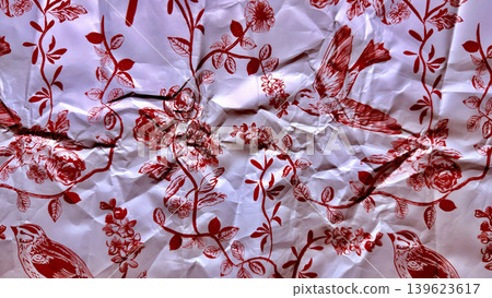crumpled white paper intricate red bird floral rose vine pattern distressed vintage wrinkled texture crumpled white paper intricate red bird floral rose vine pattern distressed vintage wrinkled texture 139623617