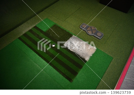Indoor Golf Simulator Mat with Ball on Tee and Control Panel Indoor Golf Simulator Mat with Ball on Tee and Control Panel 139623739